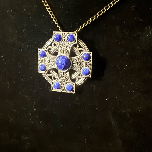 Vintage Silver Tone Celtic Cross 1.25" Irish Pin Pendant Combo Glass Cabochons - Picture 3 of 8